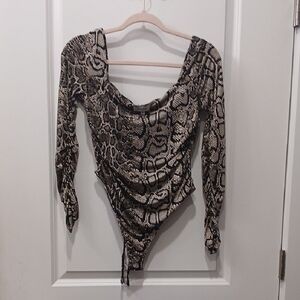 Black and White Asymmetrical Ruched Long Sleeve Bodysuit